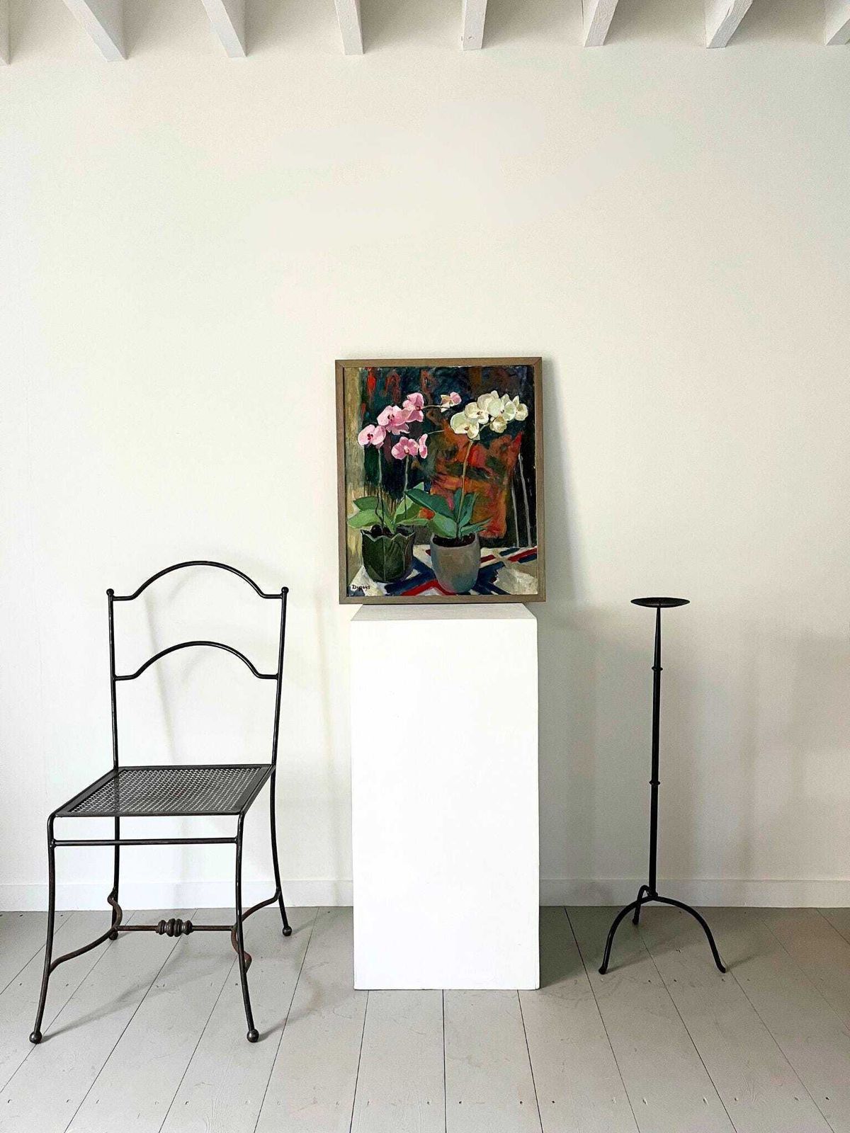 Still Life Oil On Canvas, Original Vintage Painting Of Orchids In Vase, Unique Floral Artwork In A Charleston Style photo 950.05