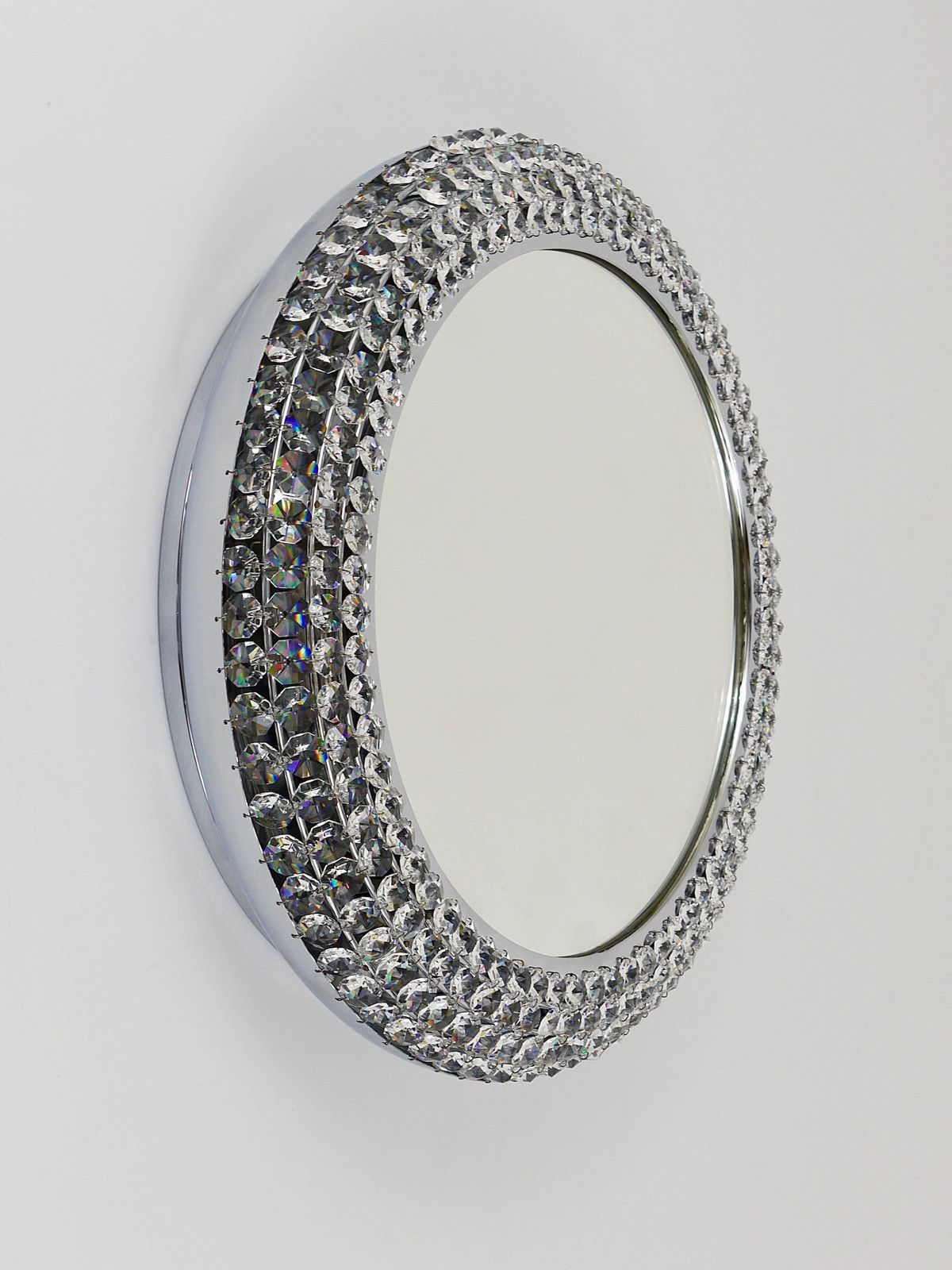 Round Bakalowits Style Faceted Crystal & Chrome Backlit Wall Mirror, 1960s photo buy
