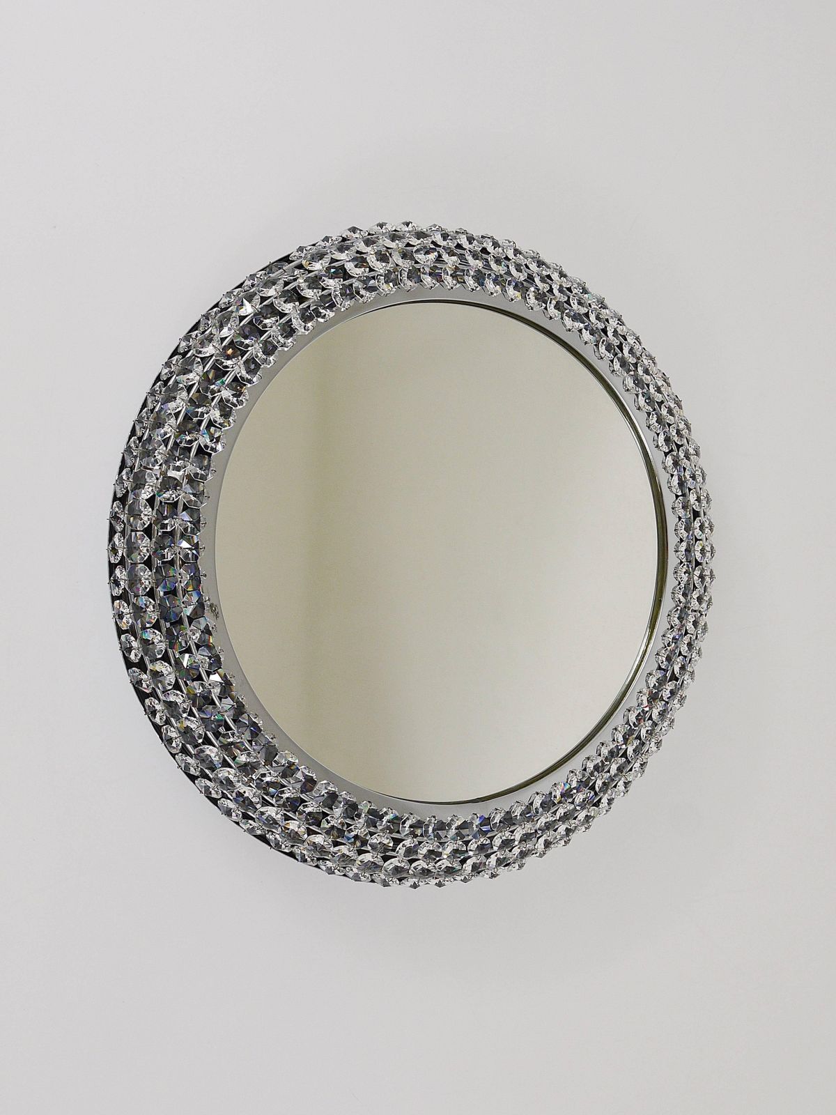 Round Bakalowits Style Faceted Crystal & Chrome Backlit Wall Mirror, 1960s photo vintage