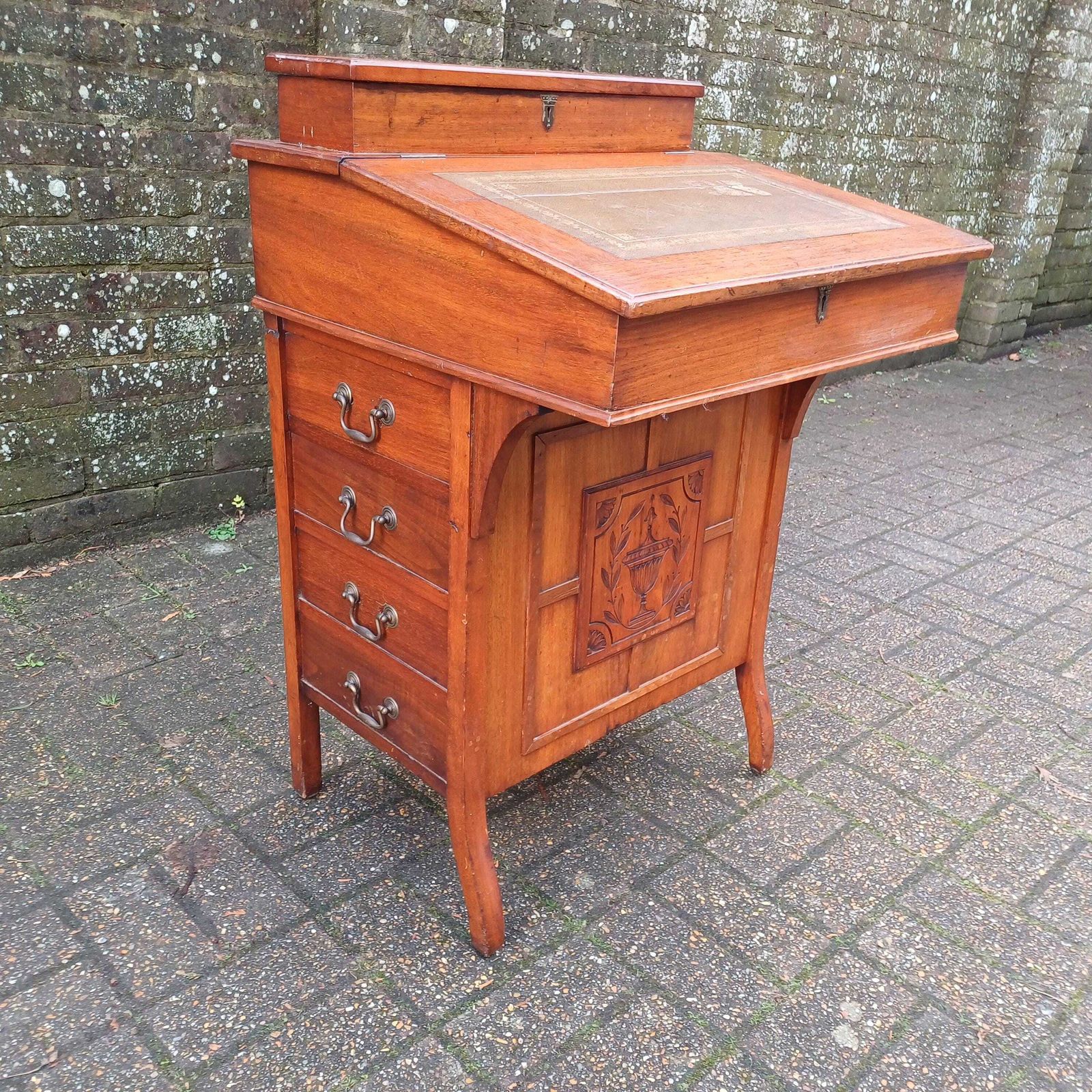 Vintage Davenport Antique Walnut Writing Desk With Carved Panel, Late 19th/Early 20th Century photo vintage