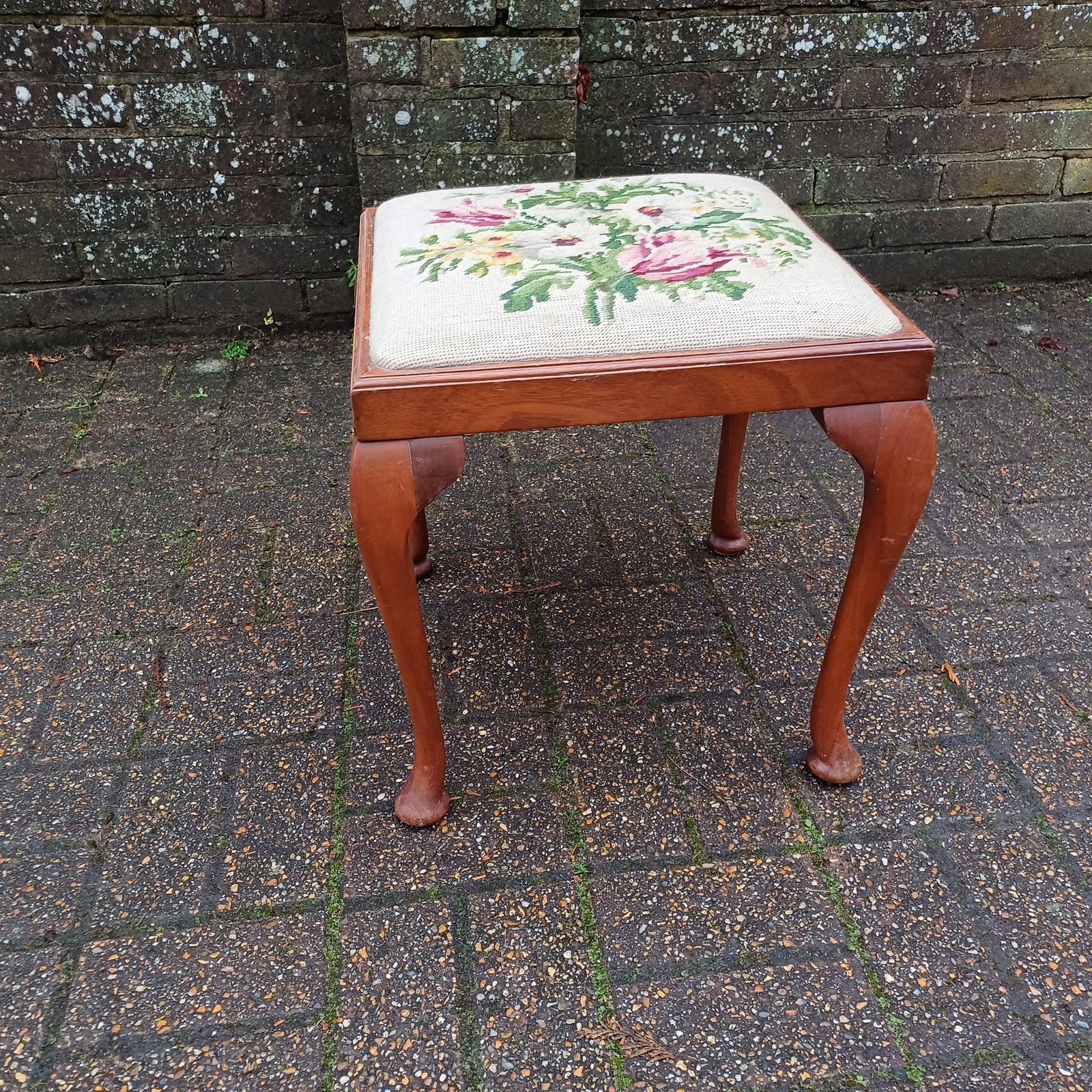 Vintage Cabriole Leg Stool With Original Still Life Tapestry, 1920s 1940s, Elegant And Timeless Design