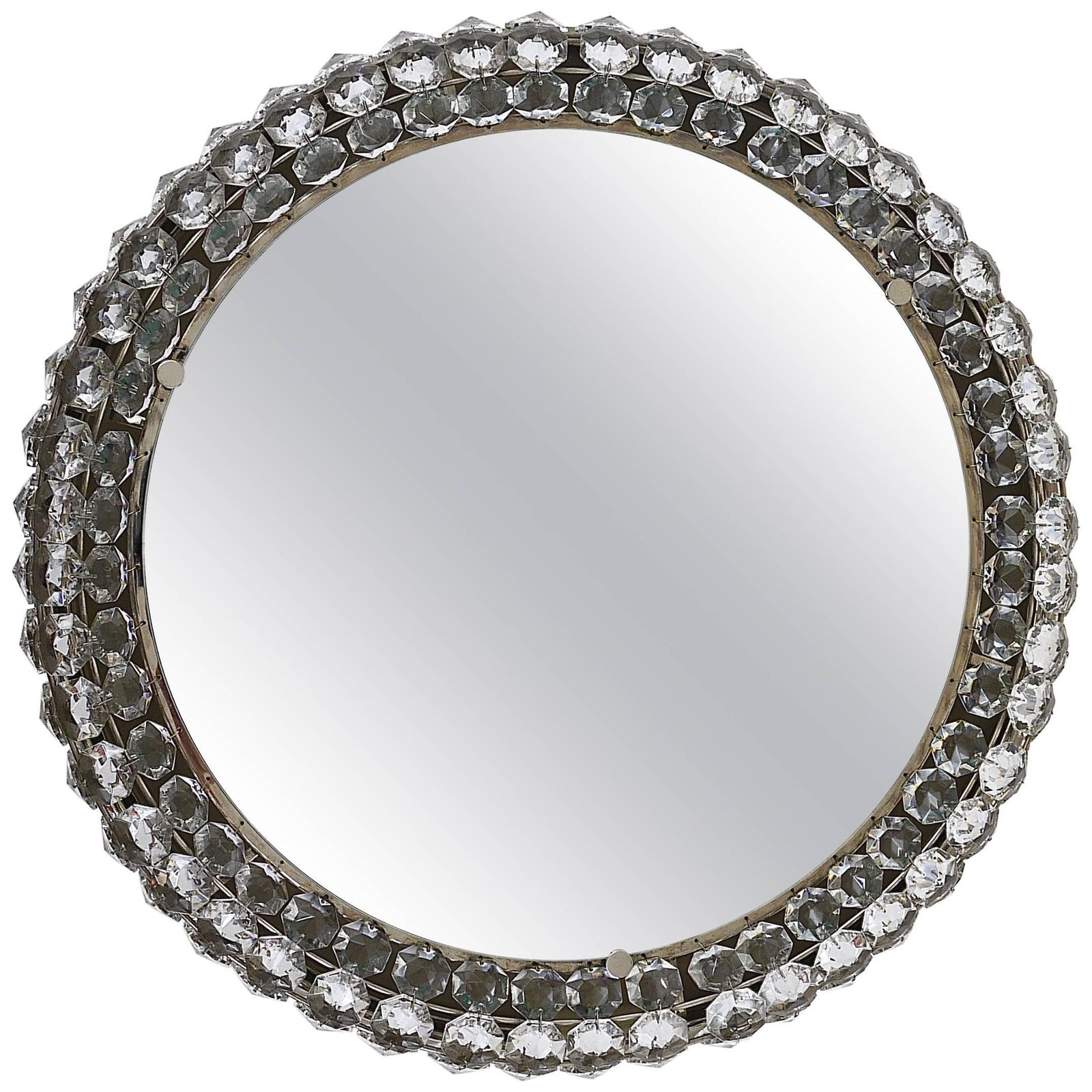 Bakalowits Vienna Round Backlit Wall Mirror With Huge Crystals, Austria, 1950s