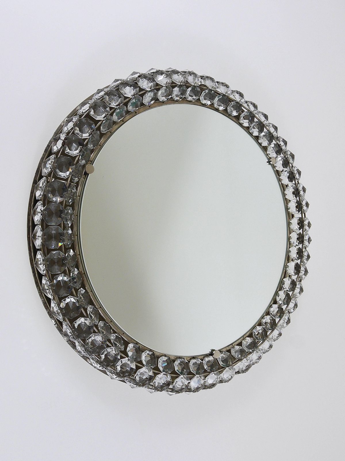 Bakalowits Vienna Round Backlit Wall Mirror With Huge Crystals, Austria, 1950s photo vintage