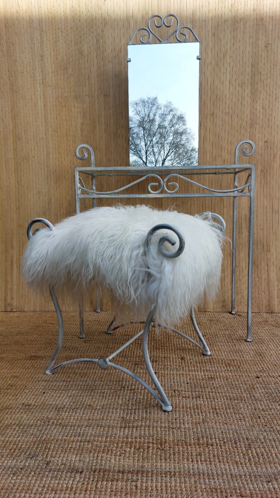 Fab Vintage 1970s Cast Iron Petite Dressing Table W/ Mirror & Sheepskin Stool
