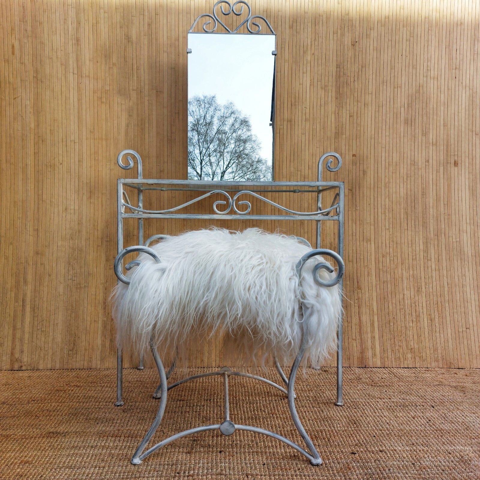 Fab Vintage 1970s Cast Iron Petite Dressing Table W/ Mirror & Sheepskin Stool photo furniture