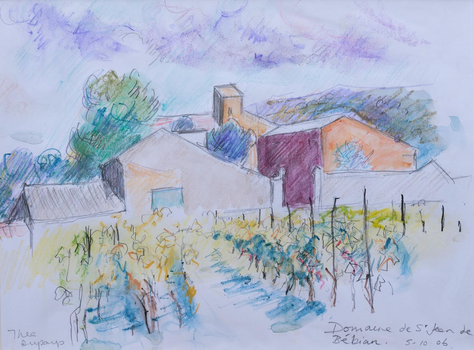 French Vineyard Drawing Vintage Gouache Artwork Painting Of Domaine De St Jean De Bébian, Pezenas, France