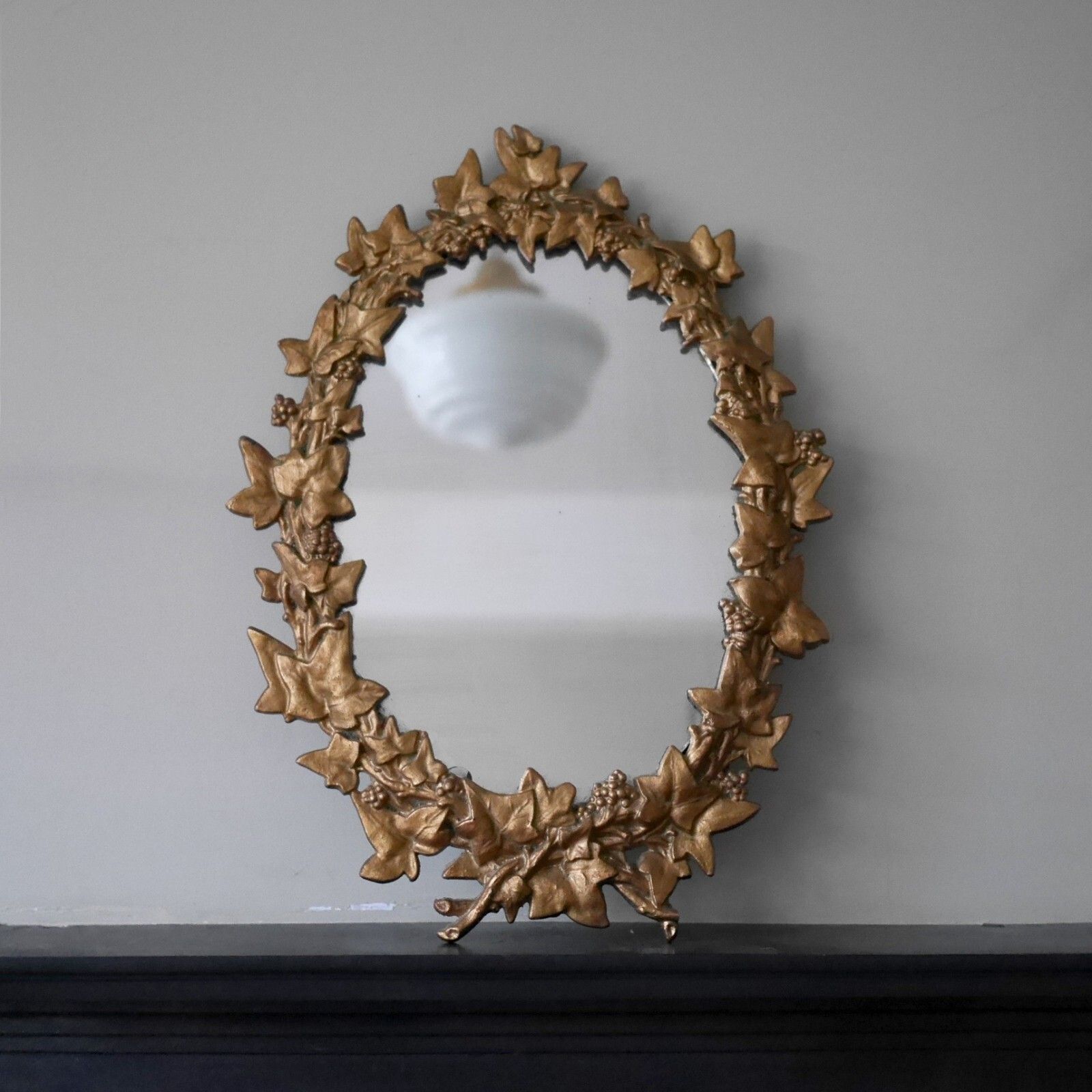 Antique Victorian Cast Iron Metal Hanging Wall Mirror Ivy Leaf Gold #102753 photo Home Decor