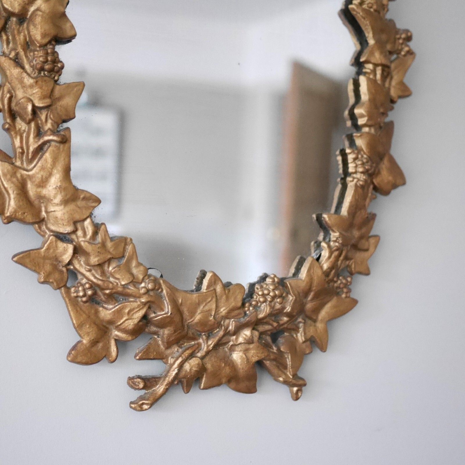 Antique Victorian Cast Iron Metal Hanging Wall Mirror Ivy Leaf Gold #102753 photo buy