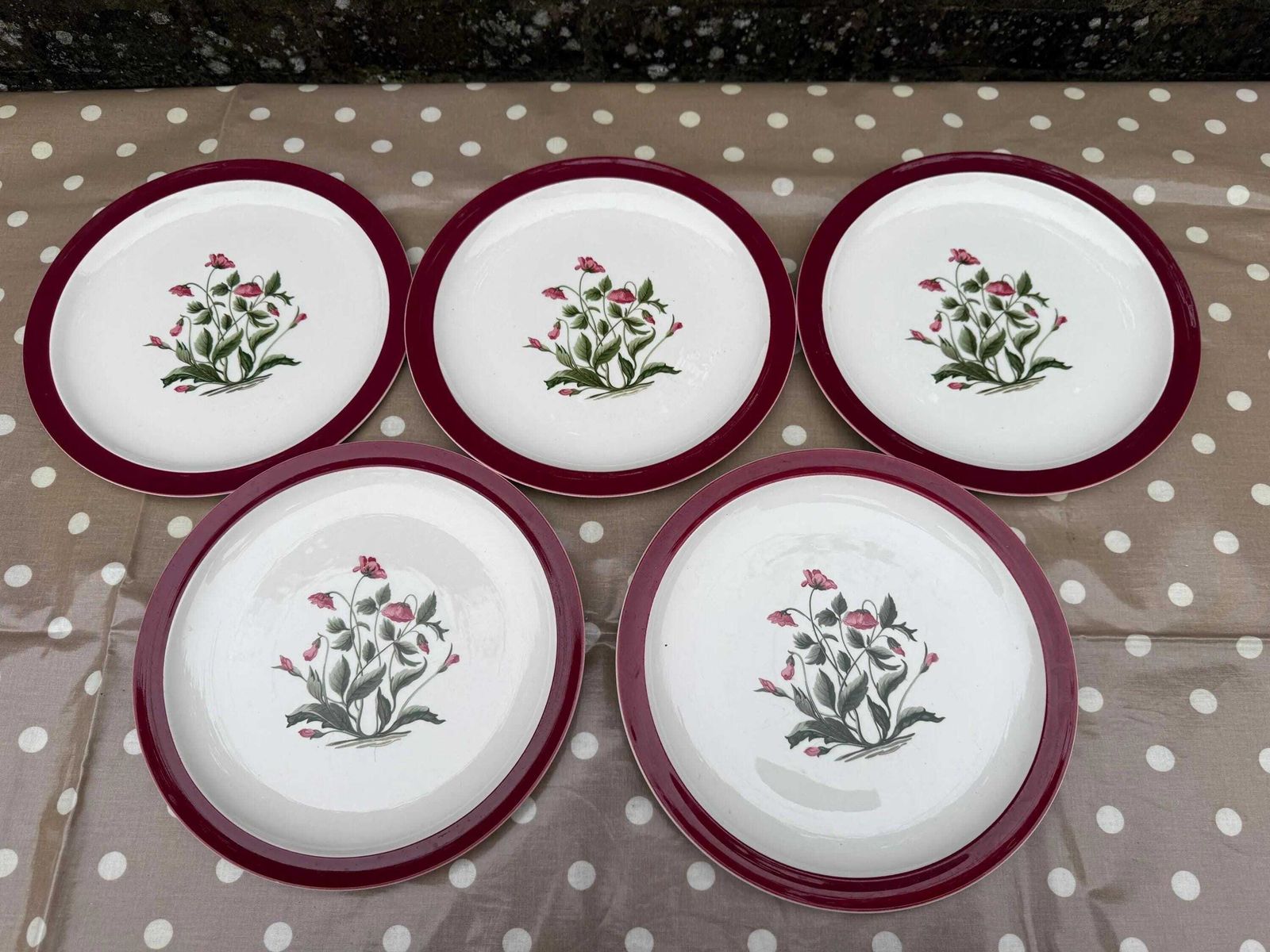 Wedgwood Vintage Retro ‘Mayfield’ 1950s/60’s Dinner Service Pink Poppies And Ruby Red Border photo Home Decor