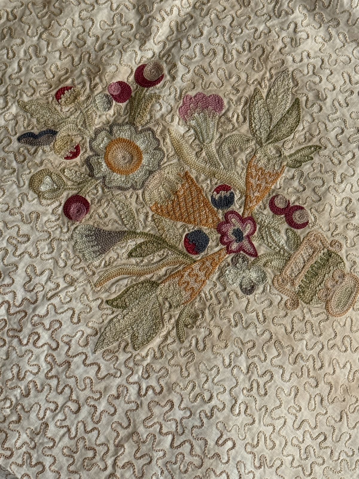 A Queen Anne Style Embroidered Silkwork And Linen Floral Panel Late 19th Century photo 499.0
