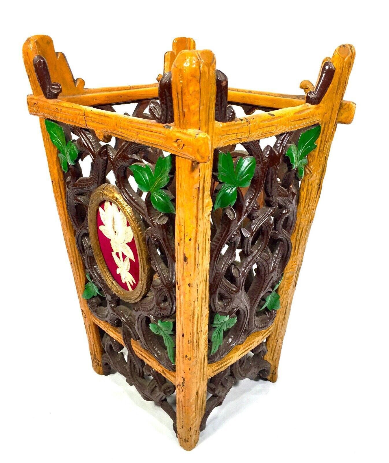 Antique Black Forest Wood Waste Paper Bin / Umbrella Stand / Stick Holder C.1900
