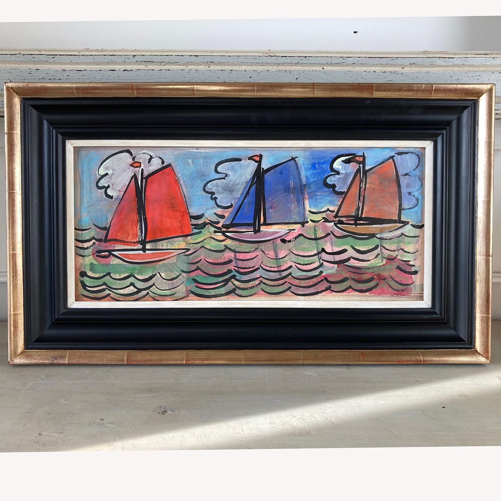 Three Sailboats   French School Mid Century Vintage Original Watercolour And Gouache Framed Painting
