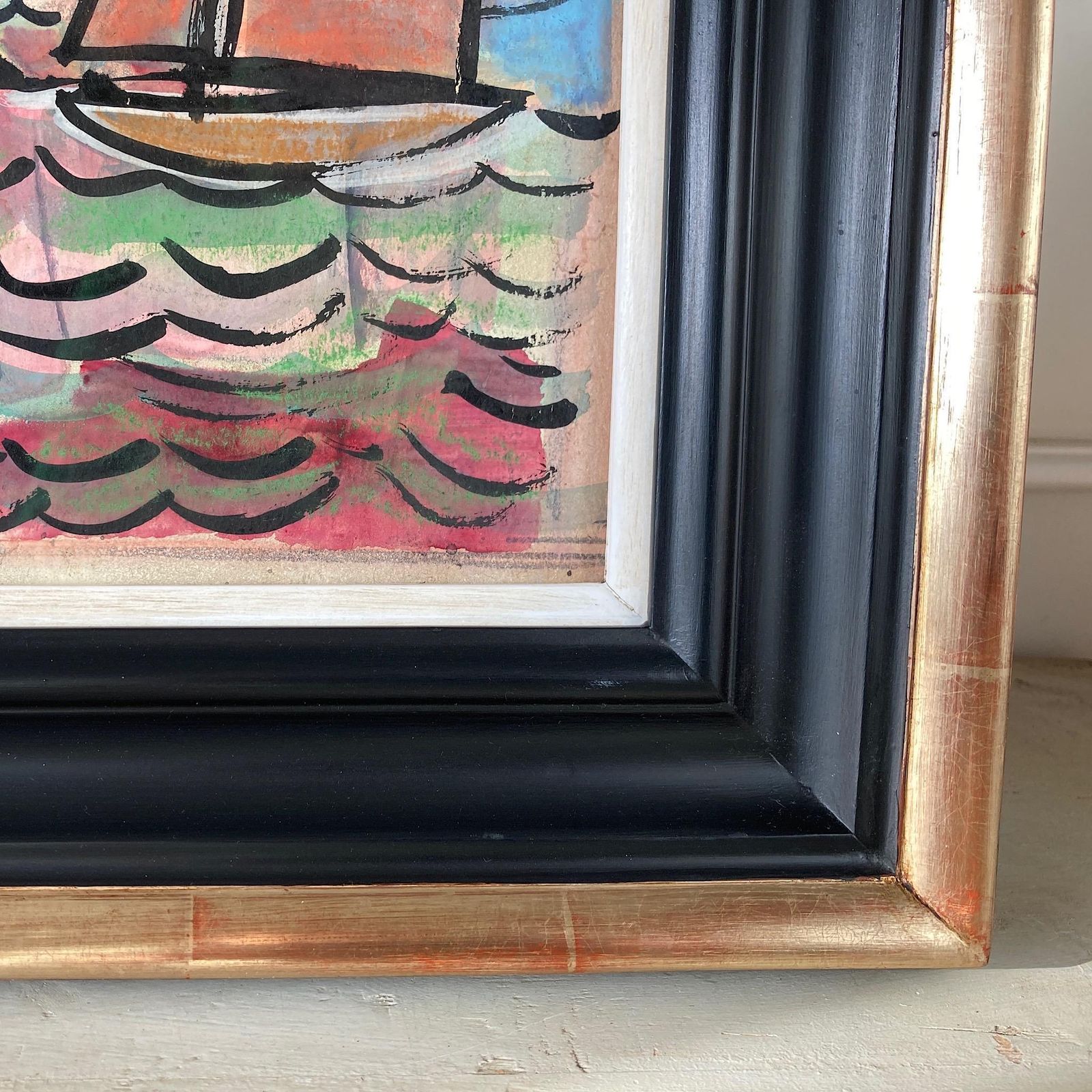Three Sailboats   French School Mid Century Vintage Original Watercolour And Gouache Framed Painting photo vintage