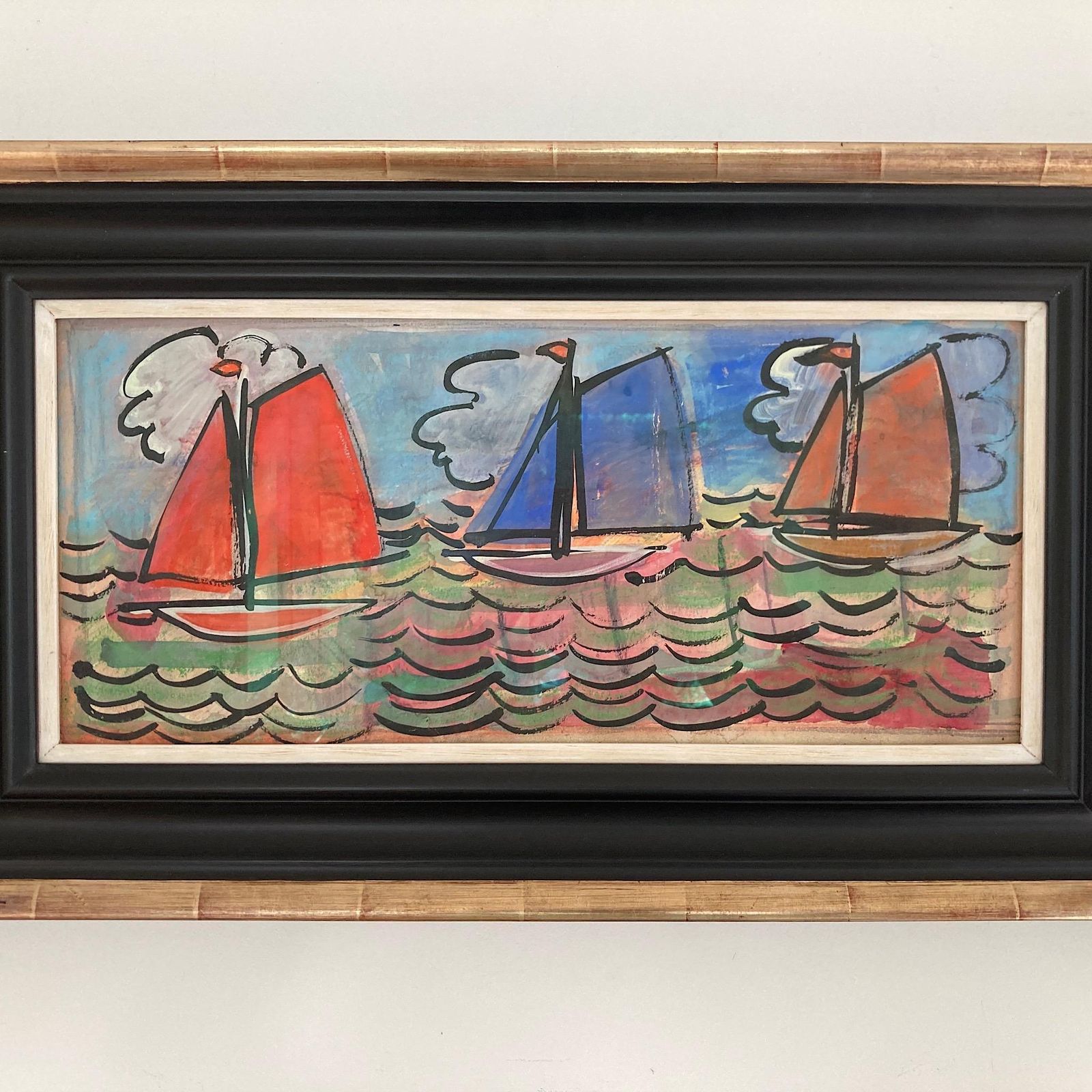 photo for sale Three Sailboats   French School Mid Century Vintage Original Watercolour And Gouache Framed Painting