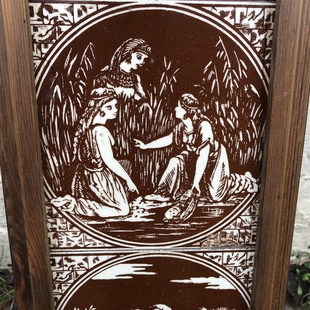 Antique Original Minton Hollis Ceramic Fireplace Tiles In Wood Frame Showing Biblical Scenes 1870s photo Home Fixtures