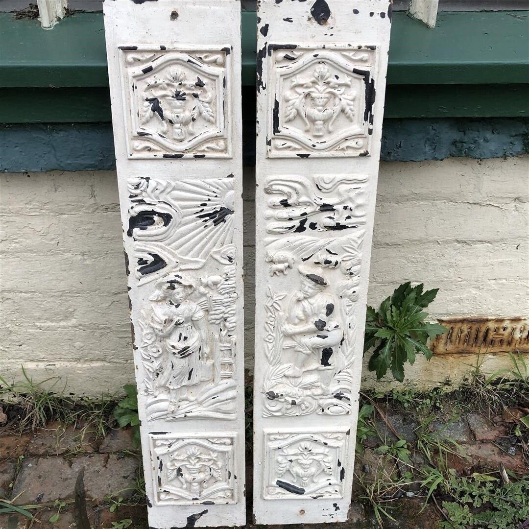 Antique Cast Iron Decorative Fireplace Panels Shepherd Boy Milkmaid 1890s