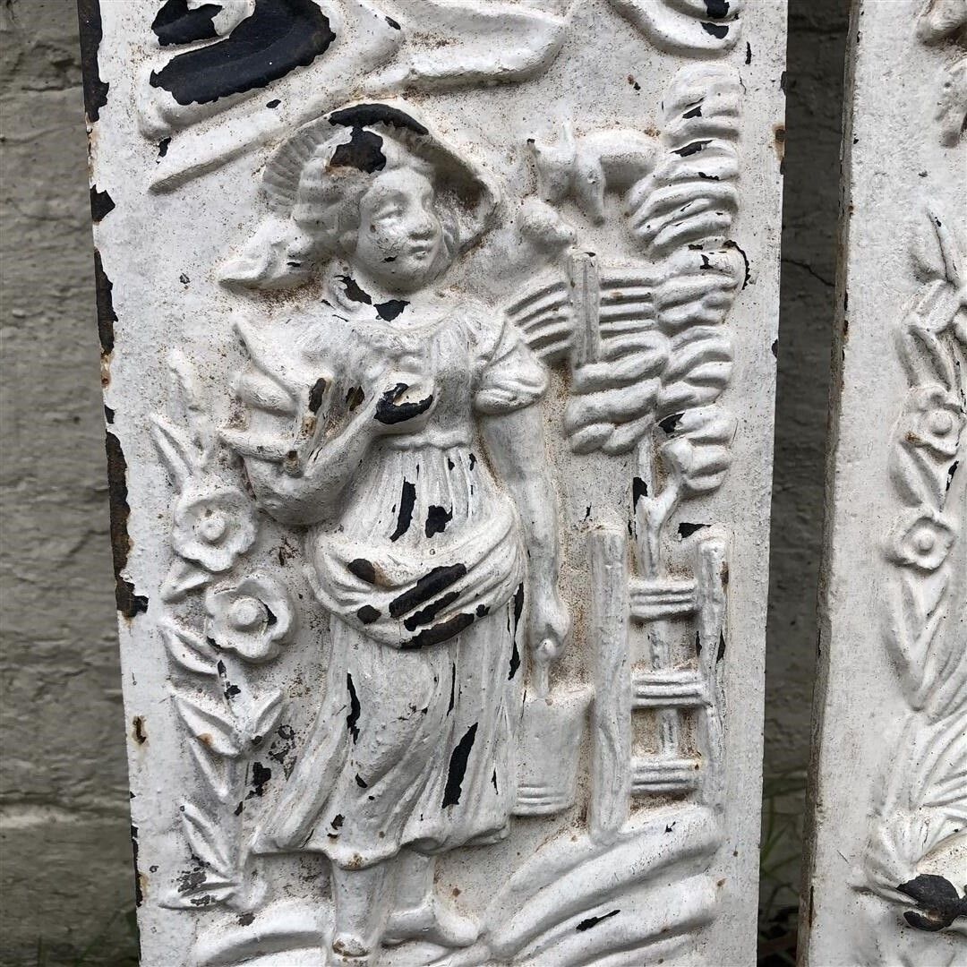 Antique Cast Iron Decorative Fireplace Panels Shepherd Boy Milkmaid 1890s photo vintage