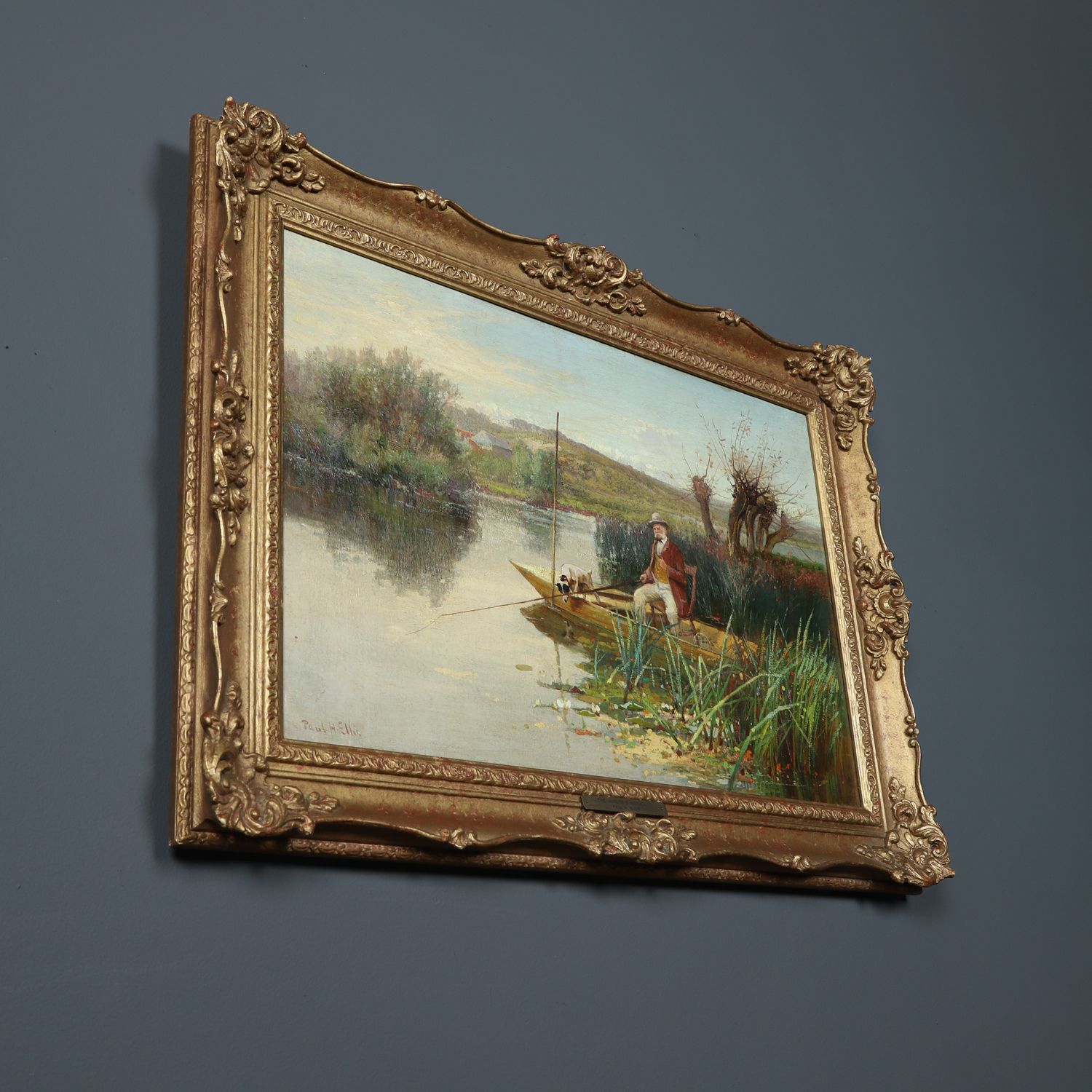 photo vintage Nglish Victorian Angler’s Assistant Fishing Landscape Oil Painting Picture By Paul H Ellis (Circa 1890)