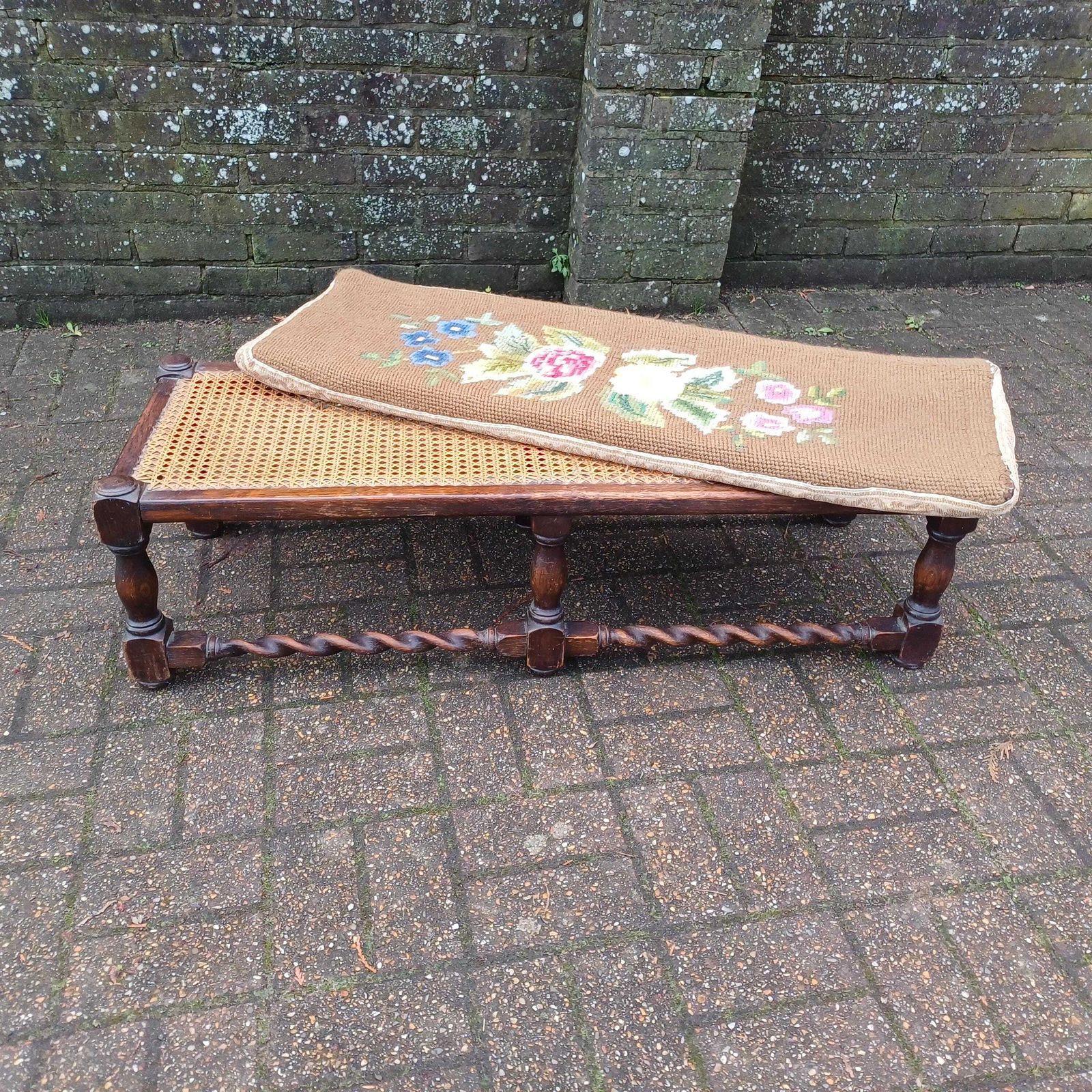 Early 20th Century Oak Stool With Turned Legs Bold Still Life Tapestry Cushion & Cane Seat