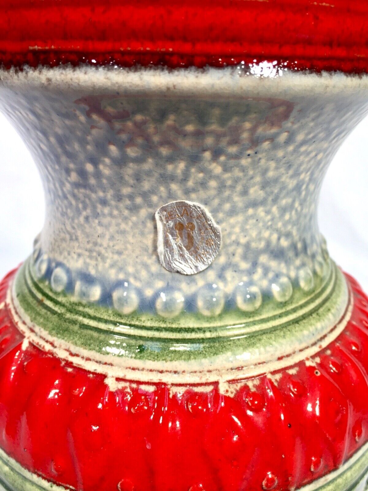Vintage West German Pottery Vase / Red / Green / Blue / Large / 1970s photo for sale