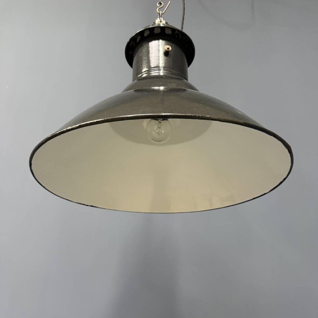 French Medium Black Enamel Pendant Lamp photo vintage
