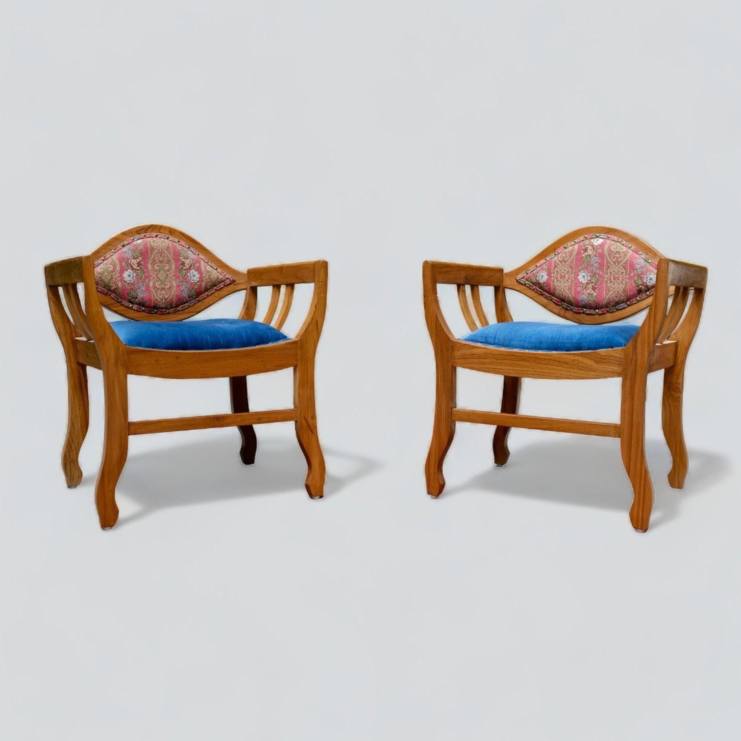 Pair Of Vintage Indian Teakwood Armchairs | Late 20th Century Style | Lotus Backrest & Regal Upholstery