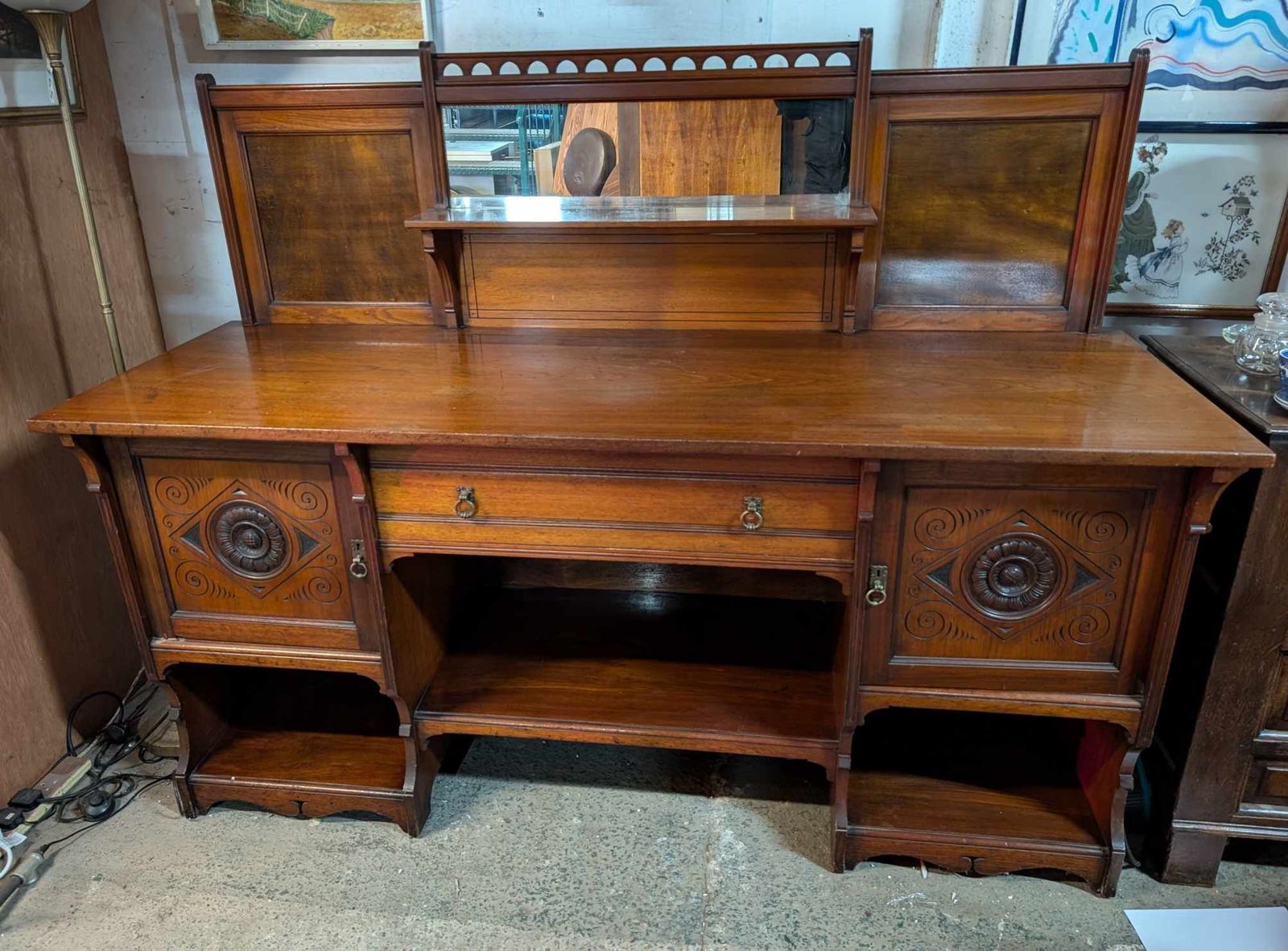 Large 20th Century Oak Sideboard With Cupboards, Drawer And Shelves photo furniture