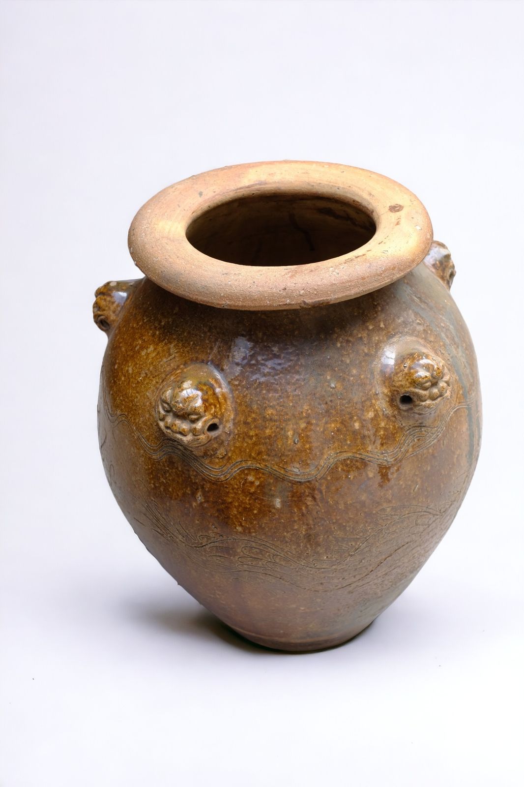 Antique 18th Century Chinese Martaban Jar | Qing Dynasty Ceramic Storage Vessel With Lion Handles & Brown Glaze photo furniture
