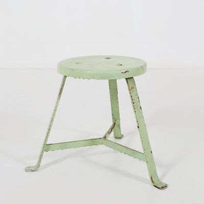 Industrial Green Painted Stool With Steel Base And Wooden Top, 1930s