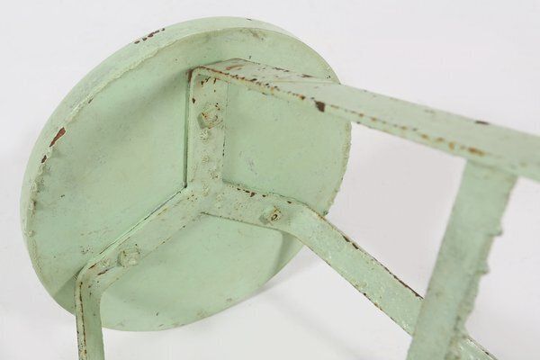Industrial Green Painted Stool With Steel Base And Wooden Top, 1930s photo for sale