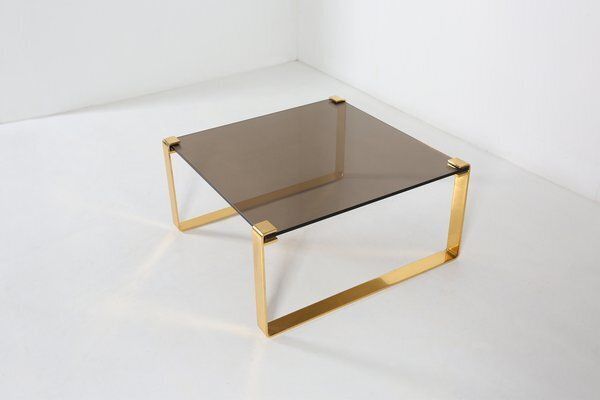 Mid Century Modern Coffee Table With Gold Plated Base And Glass Top, 1970s photo vinterior