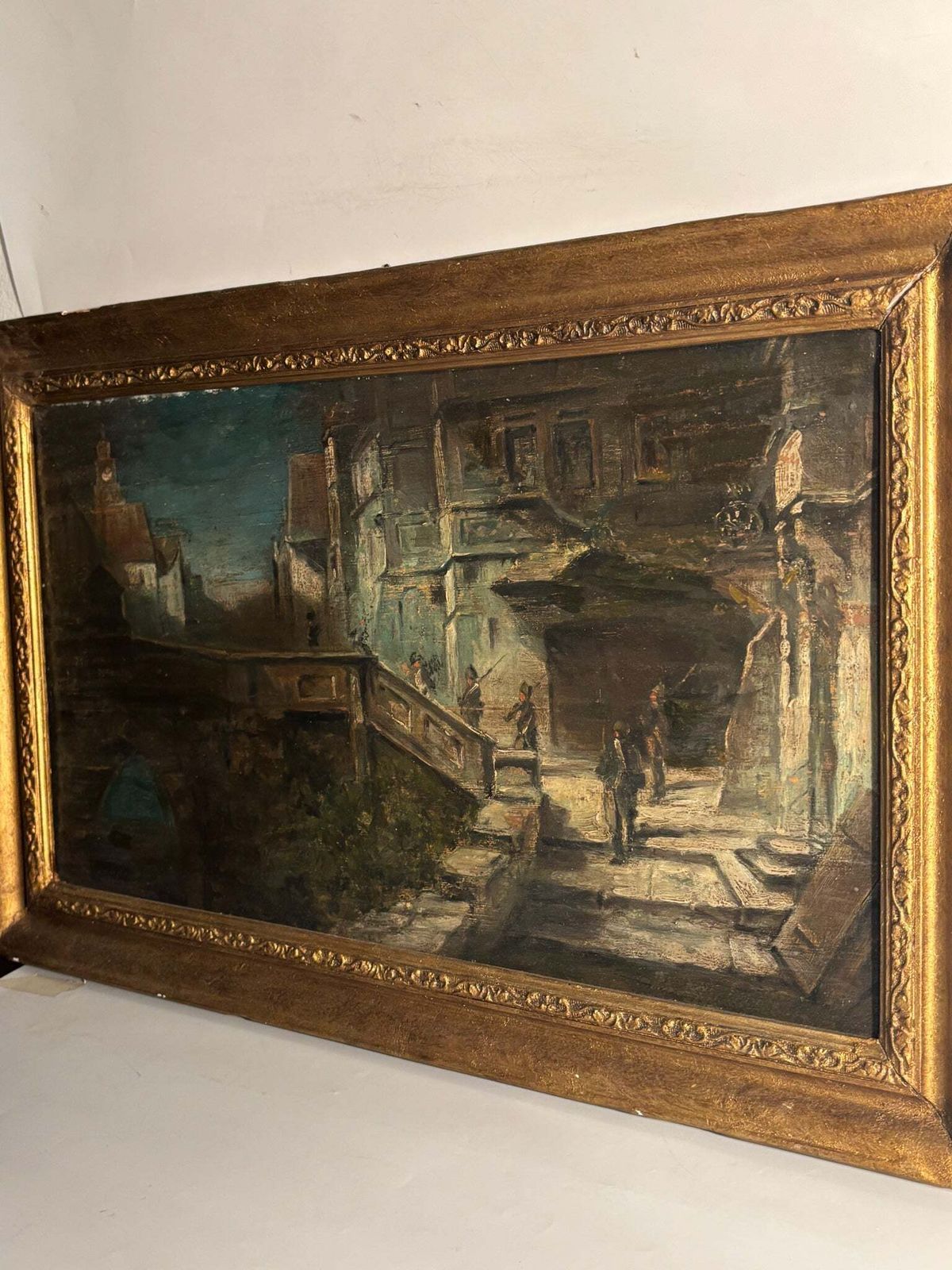 Oil Painting On Panel Of Soldiers In Urban Landscape Late 1800s photo furniture