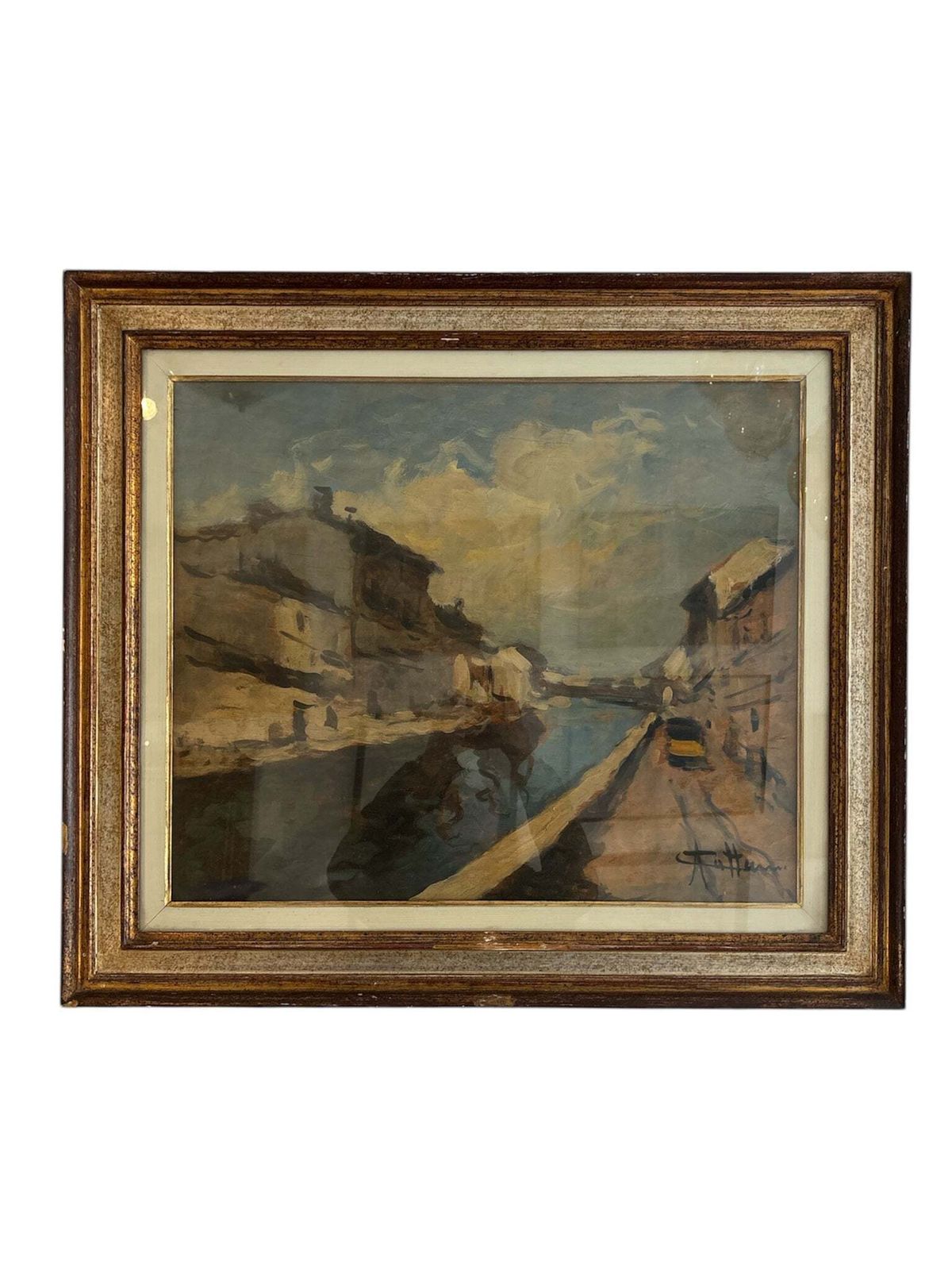 Oil Painting On Canvas Of Navigli Of Milan By Achille Cattaneo Early Twentieth Century