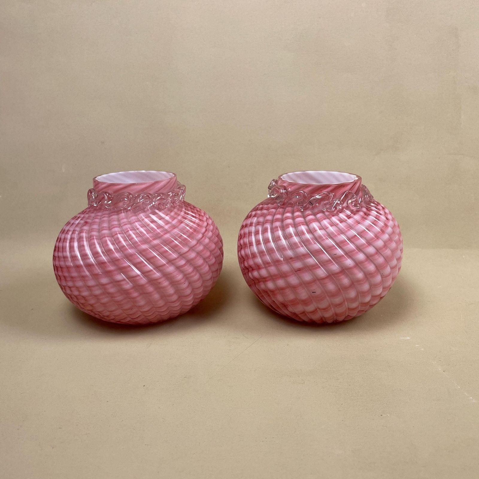 Franz Welz Pair Of Vases Pink Bohemian Glass Antique Swirly C.1890’s Vase Posy Pot White Hand Blown Swirl Tea Light Vintage Pattern Swirled