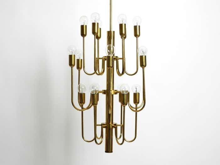 Beautiful Three Staged 18 Arm Mid Century Brass Chandelier With A Long Brass Rod photo Lighting