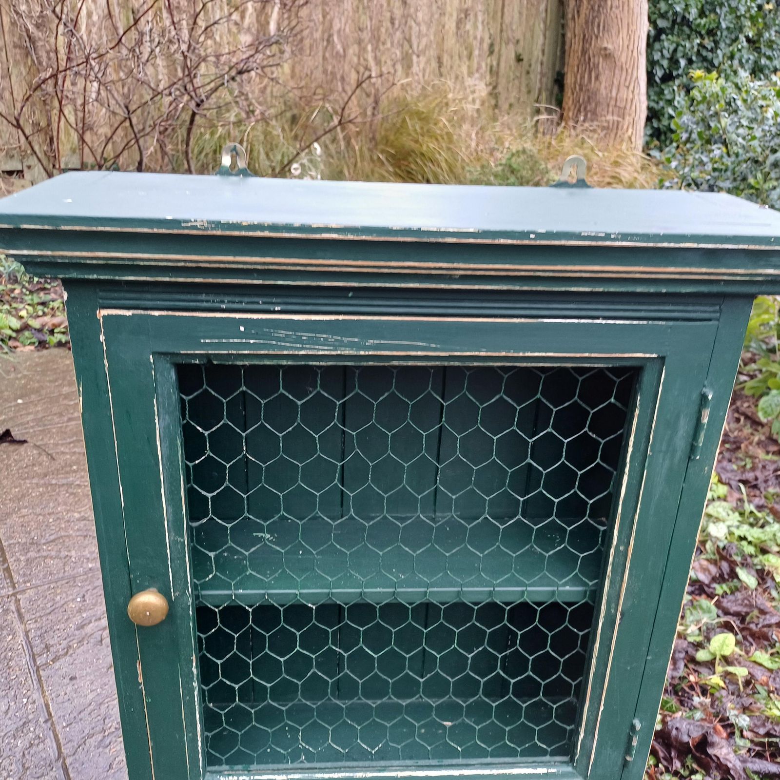 Vintage Solid Pine Painted Green Upcycled Wall Cupboard A Shabby Chic Chicken Wire Collectible! photo for sale