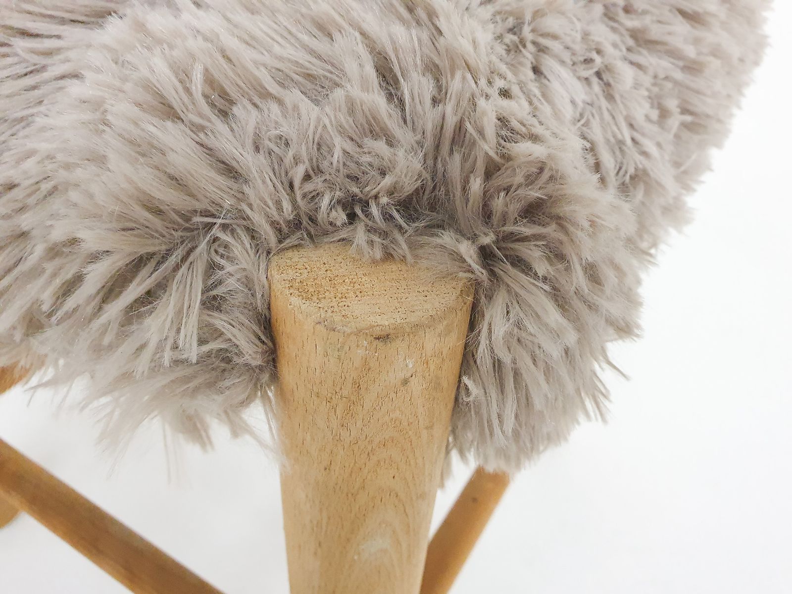 Mid Century Wooden Stool With Fake Fur Upholstery, Denmark 1960's photo vinterior