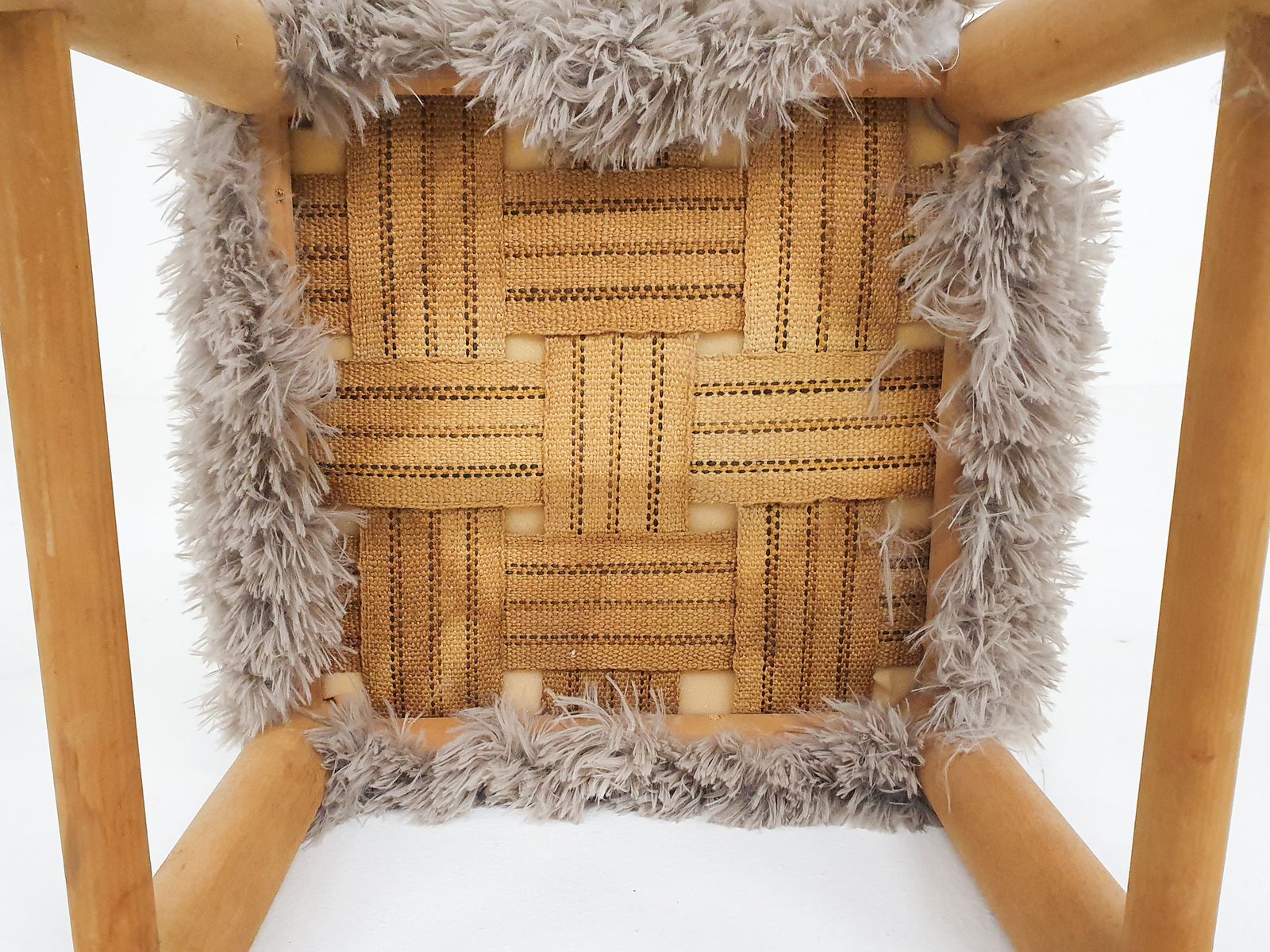 Mid Century Wooden Stool With Fake Fur Upholstery, Denmark 1960's photo buy