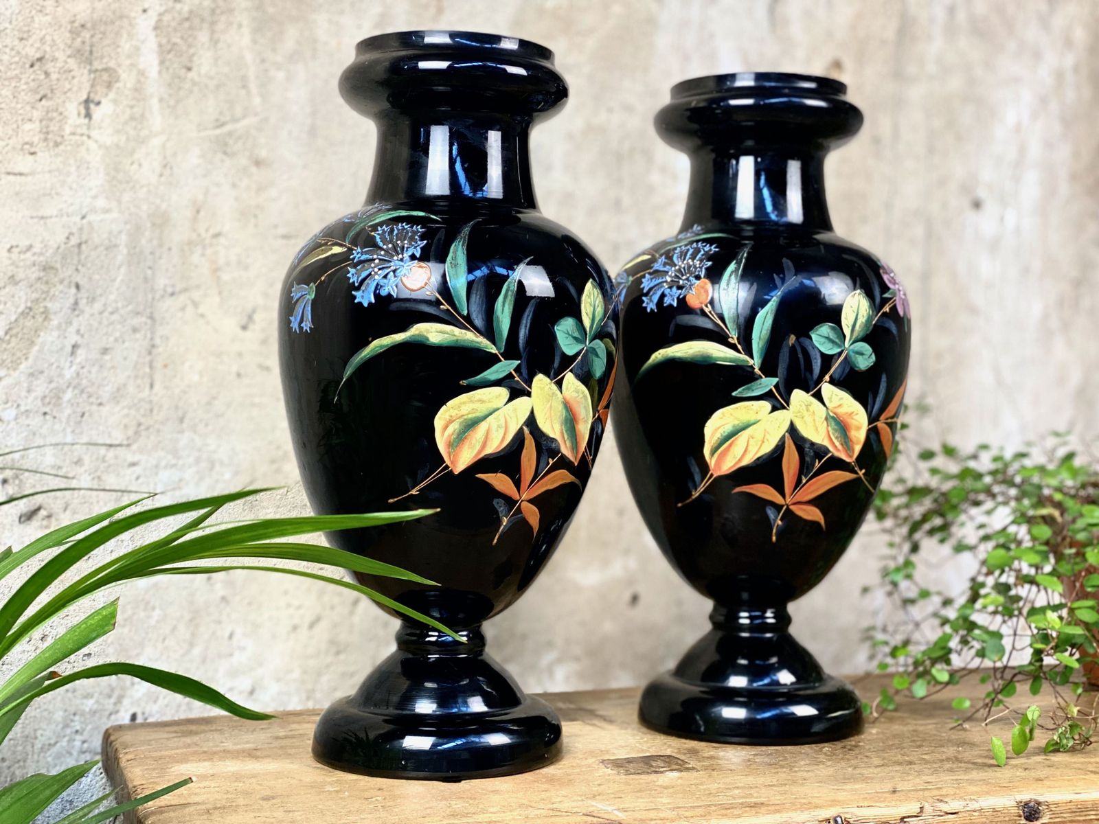 Victorian Pair Amethyst Glass Vases With Hand Painted Floral Design