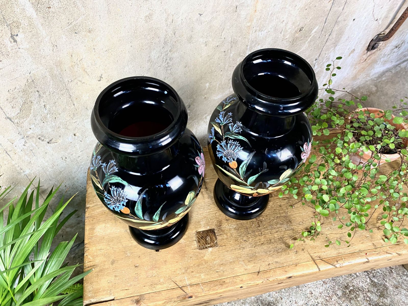 Victorian Pair Amethyst Glass Vases With Hand Painted Floral Design photo Home Decor