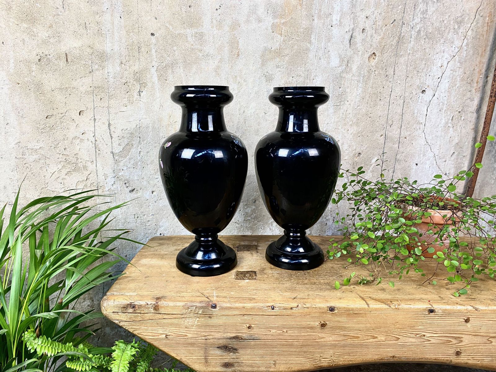 Victorian Pair Amethyst Glass Vases With Hand Painted Floral Design photo vintage