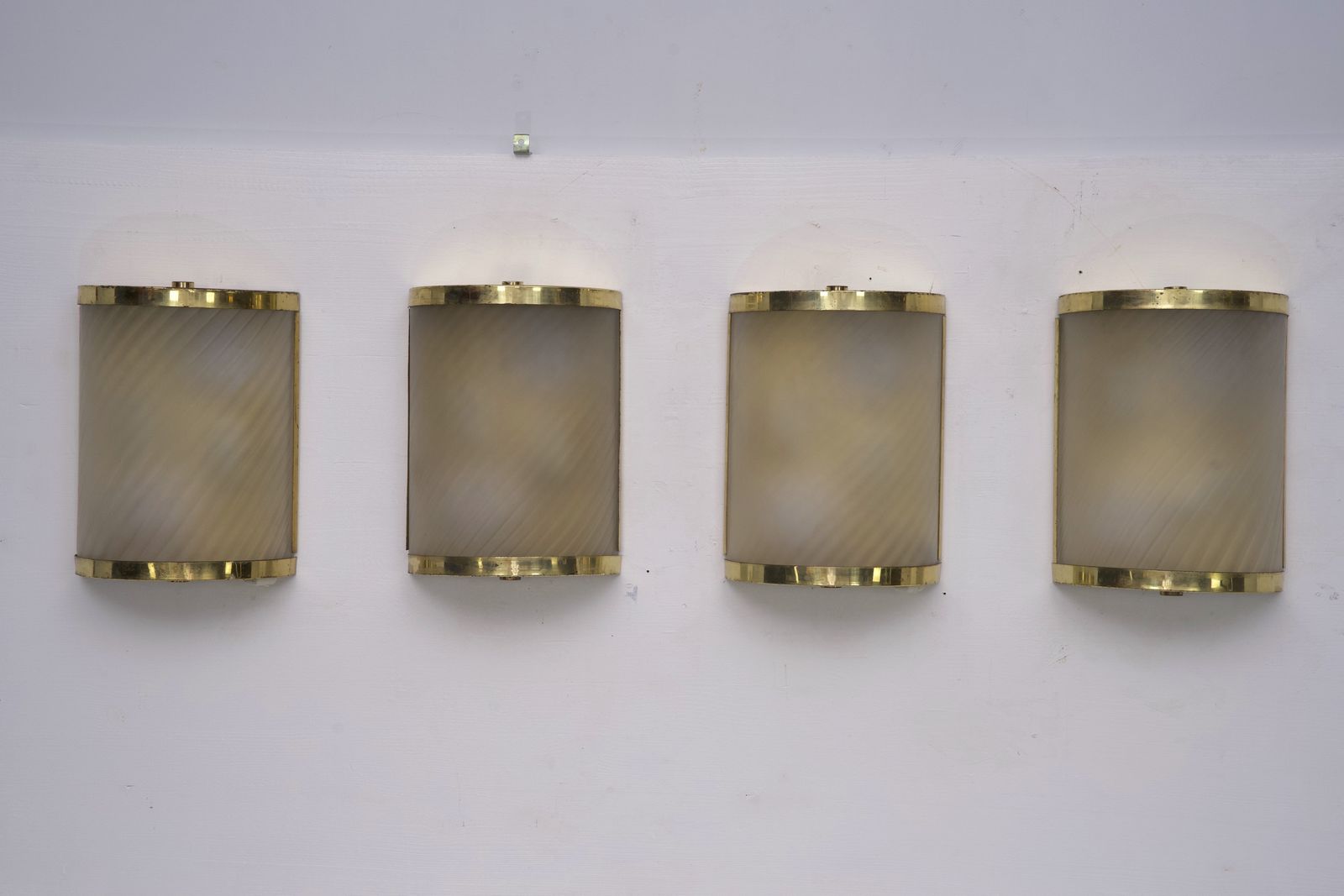 Rare Set Of Four Valentino Brass And Etched Glass Wall Sconces, Italy 1980s photo for sale