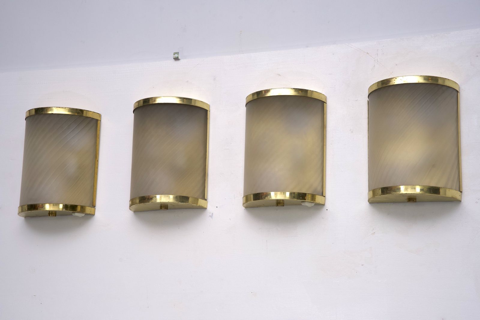 photo furniture Rare Set Of Four Valentino Brass And Etched Glass Wall Sconces, Italy 1980s