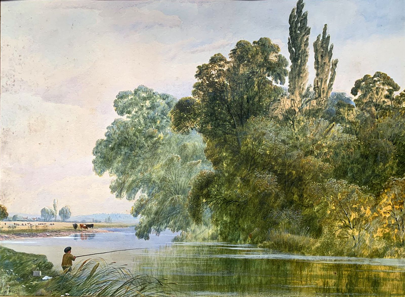 Fine C19th Victorian Watercolour   Boy Fishing In A Rural Landscape   William Wilde (1826 1901) photo for sale