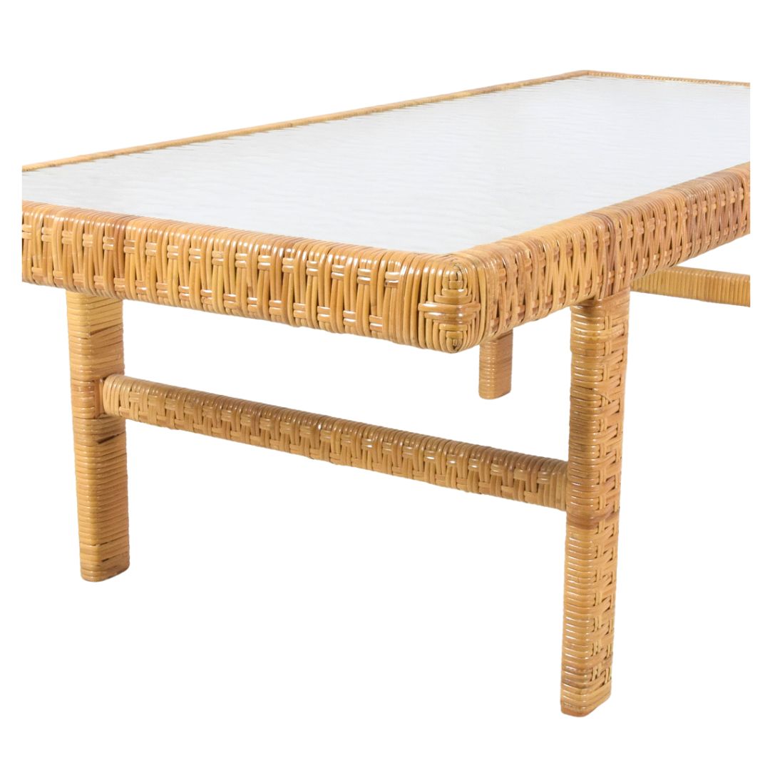 Danish Modern Coffee Table In Rattan Cane And Matt Glass By R. Wengler 1940s photo buy
