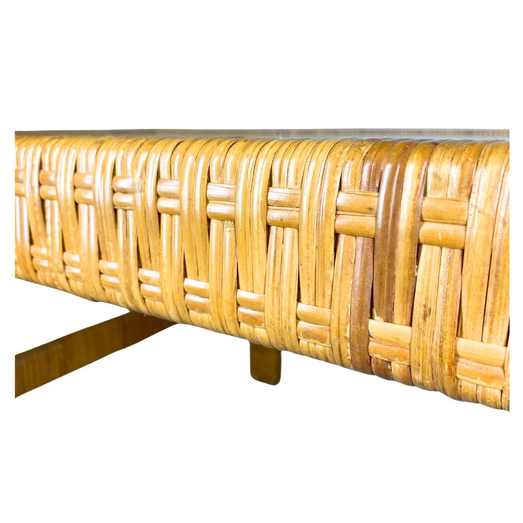 photo for sale Danish Modern Coffee Table In Rattan Cane And Matt Glass By R. Wengler 1940s
