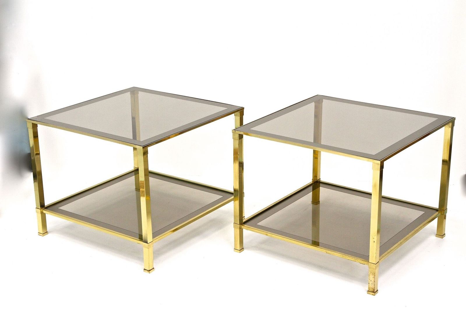 photo furniture Pair Of Hollywood Regency Brass End/ Side Tables, Smoked Glass, Italy Ca. 1970