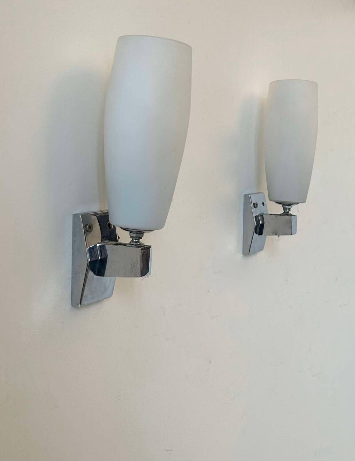 photo for sale Pair Of Vintage Adjustable Wall Lights, Chrome And Opaline, France 1970