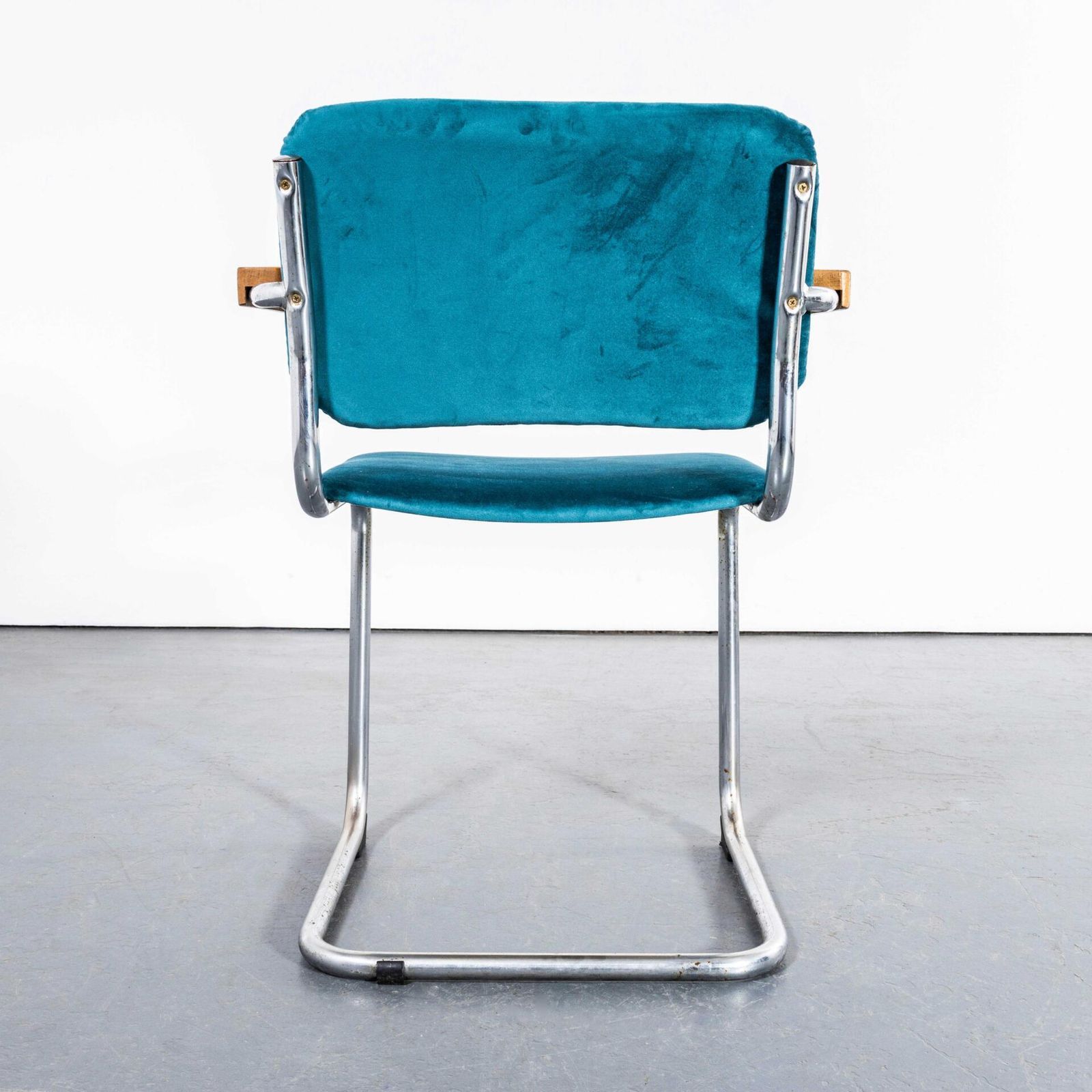 1970's Cantilever Chrome Frame Dining Chairs With Turquoise Upholstery   Set Of Four photo vintage