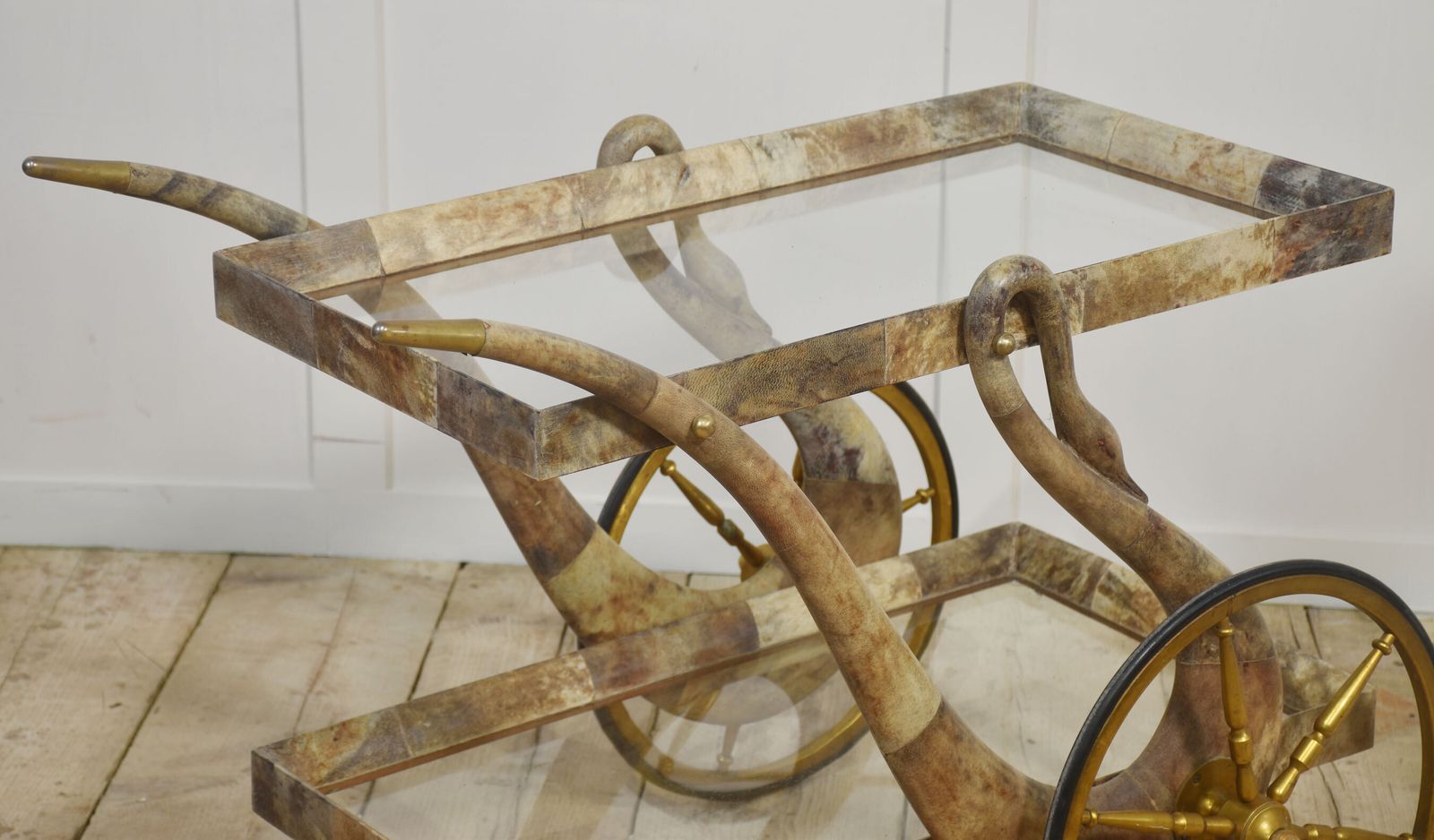 2334.0 Goatskin And Brass Bar Or Dessert Cart By Aldo Tura photo
